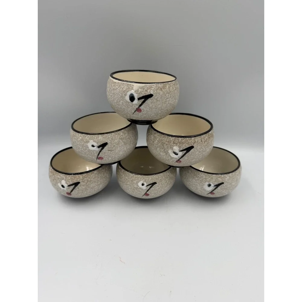Set of 6 Hand Painted Ceramic Tea Cups Oatmeal Speckled Floral Asian Teaware